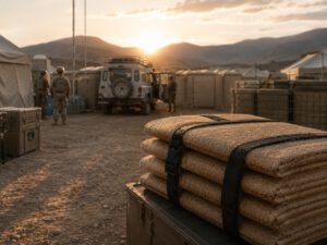 Temporäres Einsatzlager mit transportablen Schutzlösungen in einer Krisenregion bei Sonnenuntergang. Im Vordergrund sind Schutzmatten von BlastSax zu sehen, im Hintergrund Einsatzfahrzeug, Zelte und Einsatzkräfte.